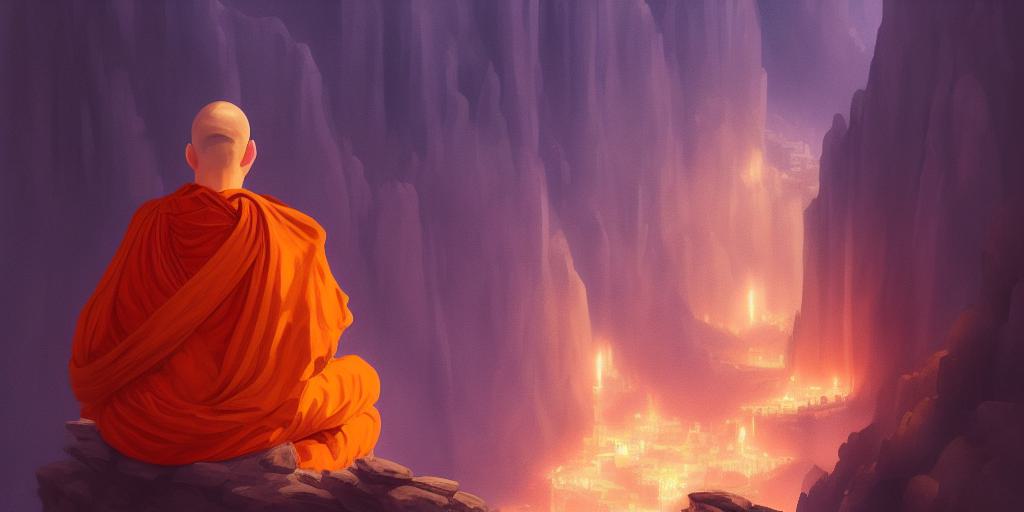 A monk calmly meditating on a volcano