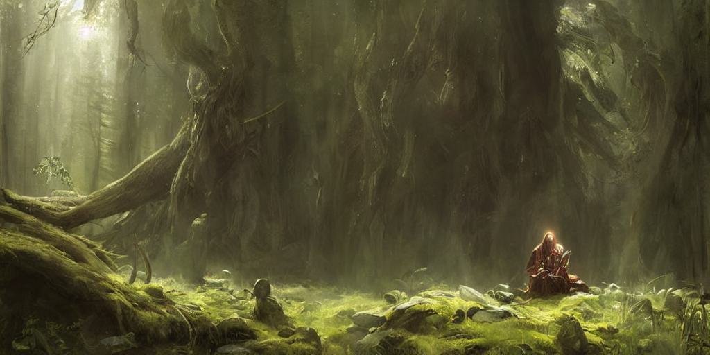 Ancient druid meditating in the woods