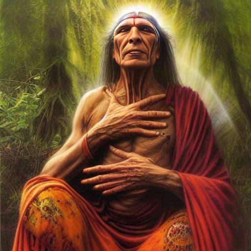 Native American healer peacefully meditating in the forest