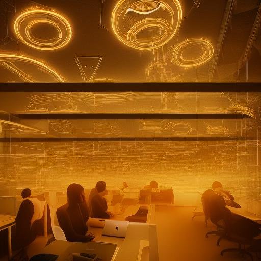 A futuristic drawing of an office full of businessmen