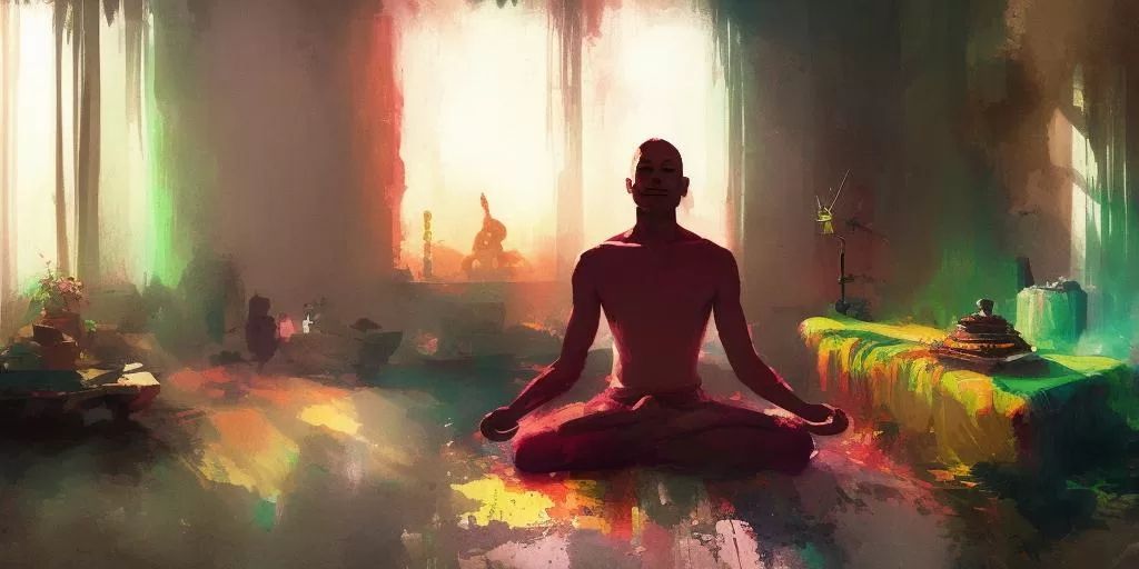 Painting of a man meditating at home