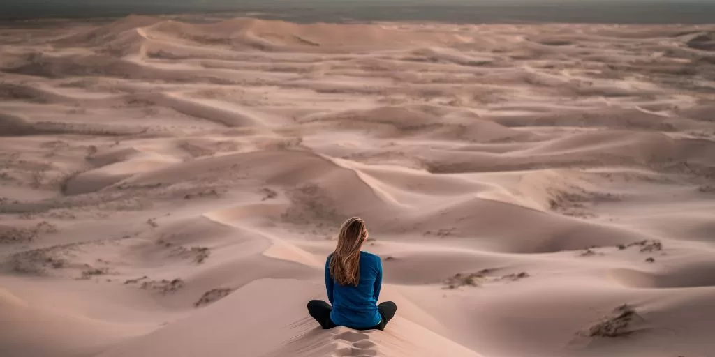 A woman meditating in the desert