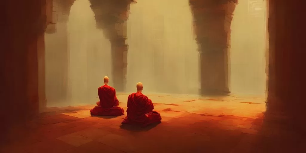 Monks meditating in an ancient temple