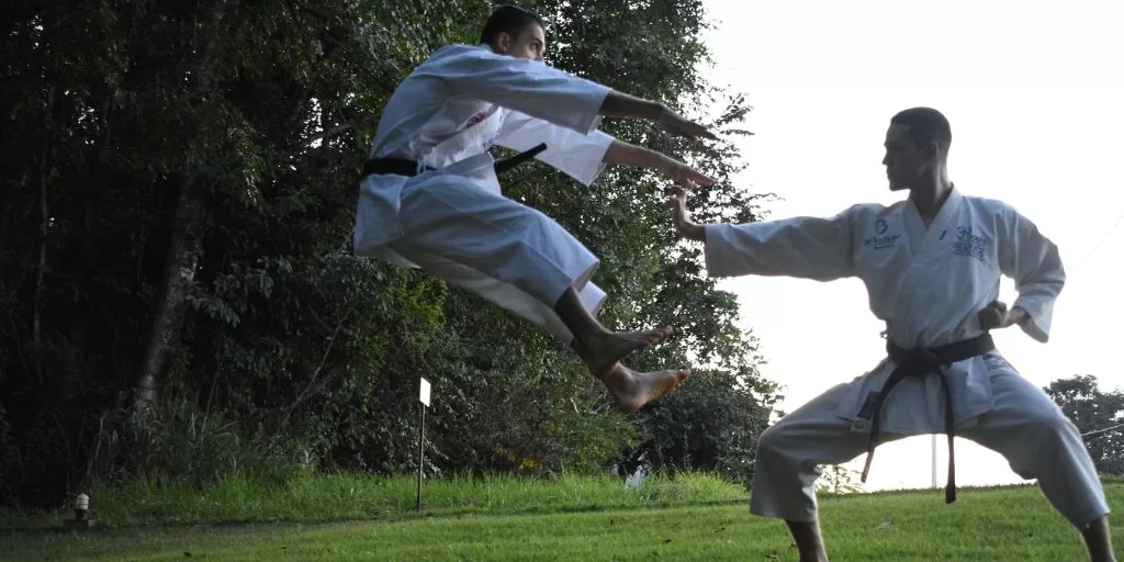 Karate practitioner punching his opponent and displaying mental power