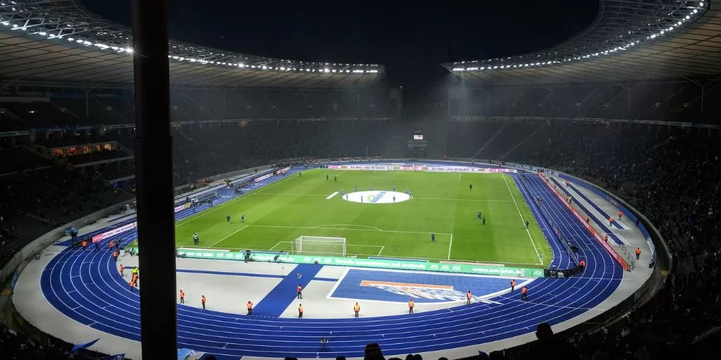 A large sports stadium at night