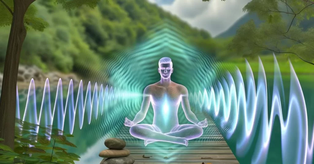 A man meditating in nature and emitting cosmic energy waves
