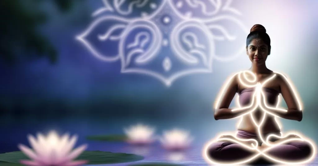 A woman meditating with lilies 
