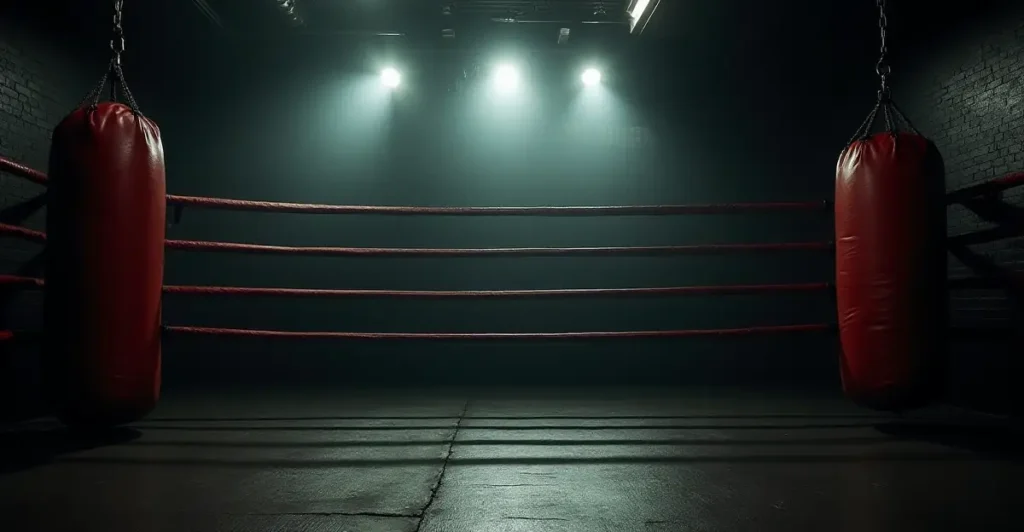 An oldschool boxing ring in a basement