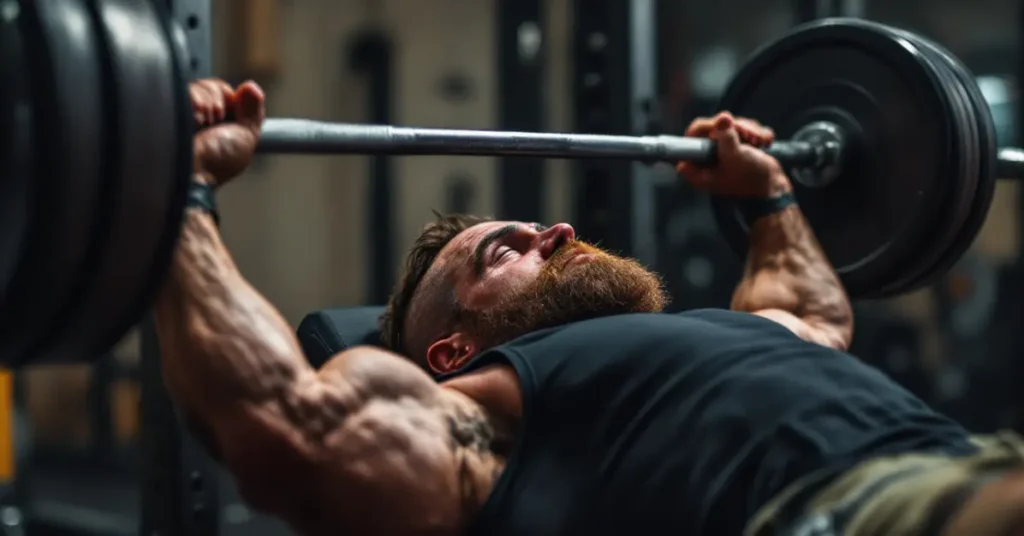 Muscular athlete performing bench press exercise at the gym