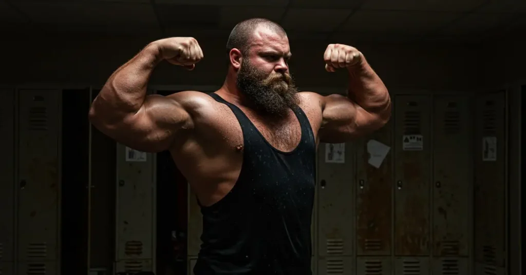 Focused athlete flexing his muscles in the locker room