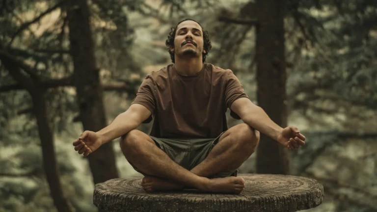 A man performing breathwork meditation in a forest