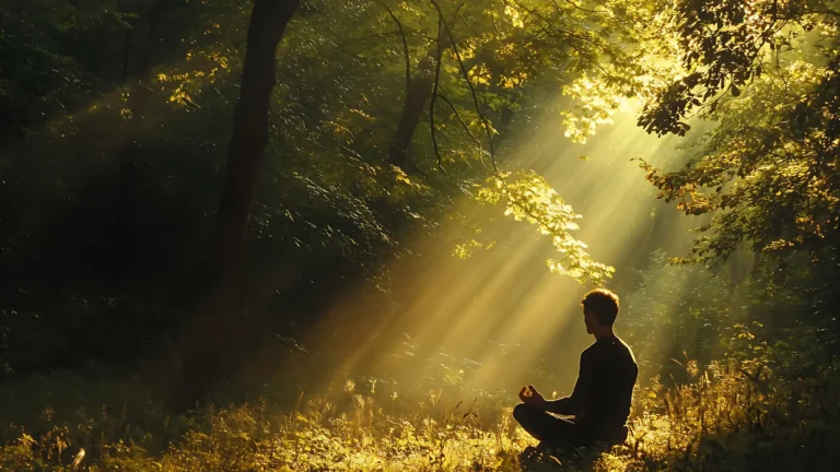 A man meditating and practicing the Psychosomatic Training method in the woods