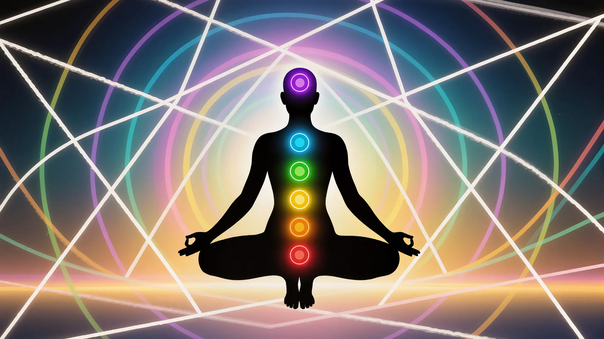 Silhouette of a meditating man levitating in space, activating all chakras, and surrounded by cosmic energy