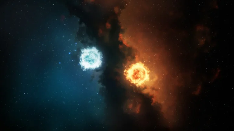 A cool and a fiery orb on the opposite sides of the sky symbolizing Yin and Yang