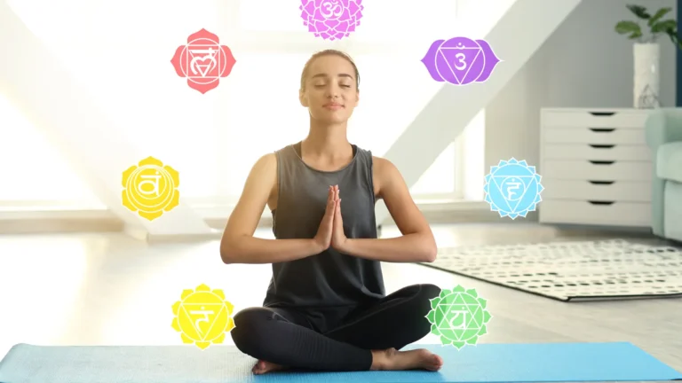 Happy woman meditating at sunrise, smiling