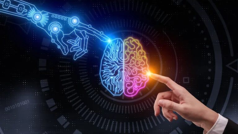 Half-cybernetic and half-human brain simultaneously touched by a robot hand on one side and by a human hand on the other side