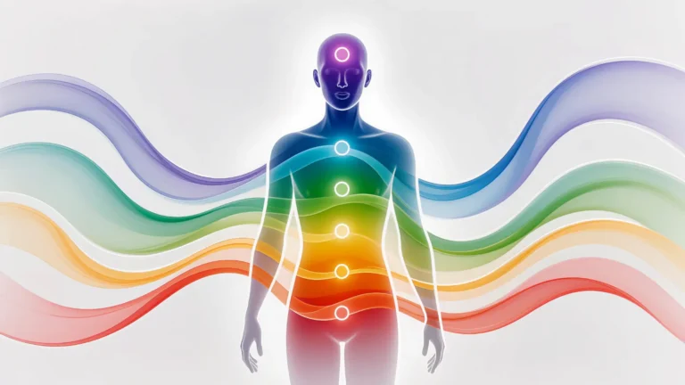 Reiki rays emerging from a healer's body and traveling through timespace