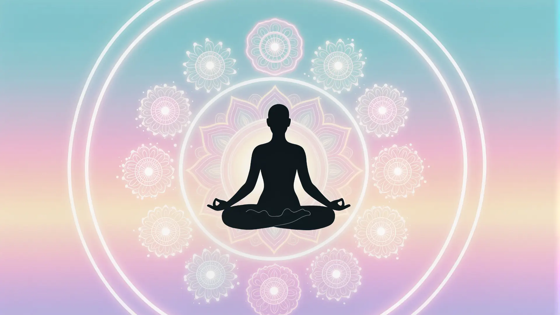 Silhouette of a man meditating surrounded by spiritual symbols