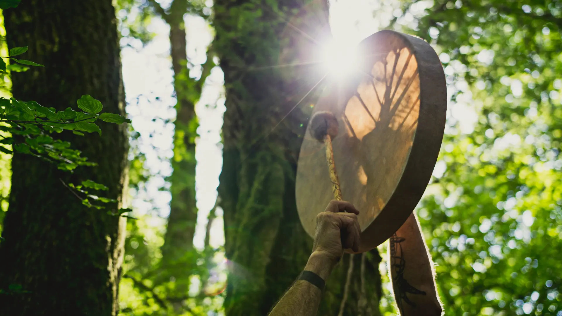 A shaman drumming his drum in a magickal forest