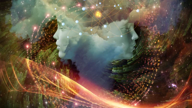 Creative imagination - a scenery in someone's mind; 2 faces visualized on an abstract background