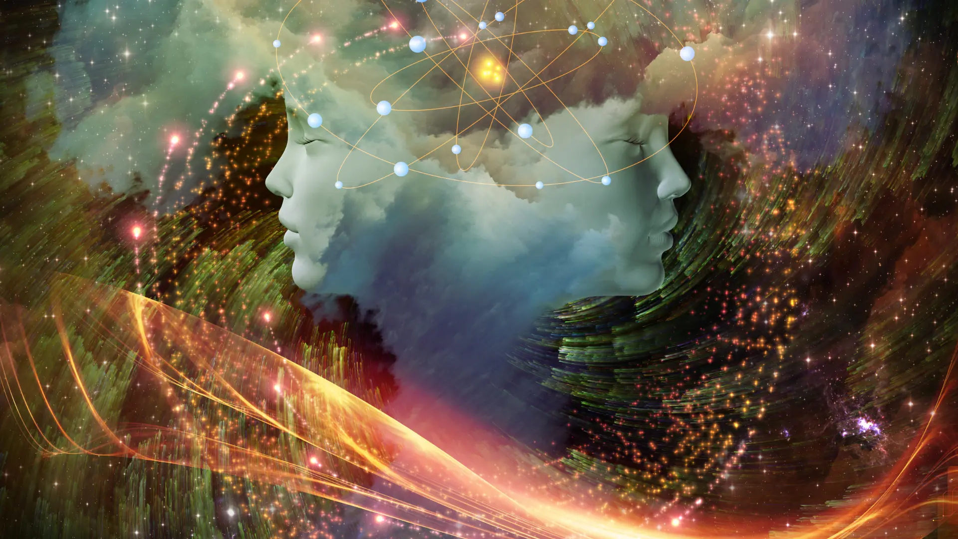 Creative imagination - a scenery in someone's mind; 2 faces visualized on an abstract background