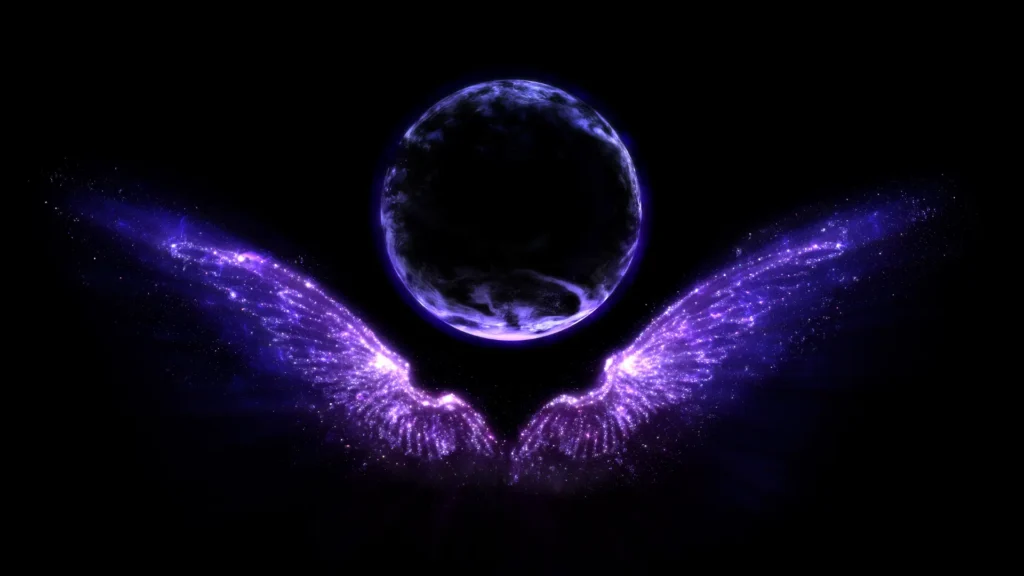 A pair of purple angelic wings with a halo above them