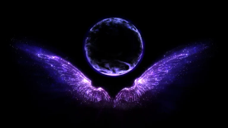 A pair of purple angelic wings with a halo above them