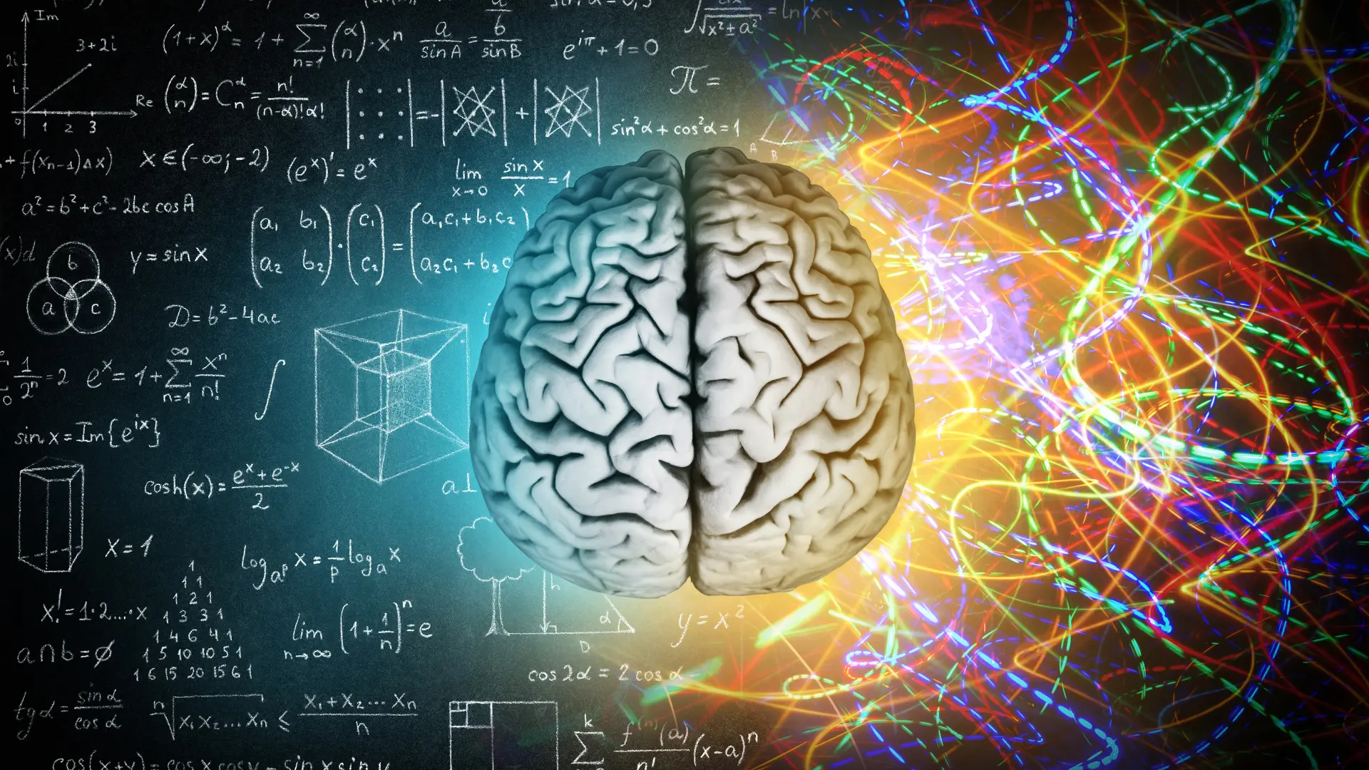 Picture of a brain with scientific calculations written on the left side and neural connections visualized on the right side