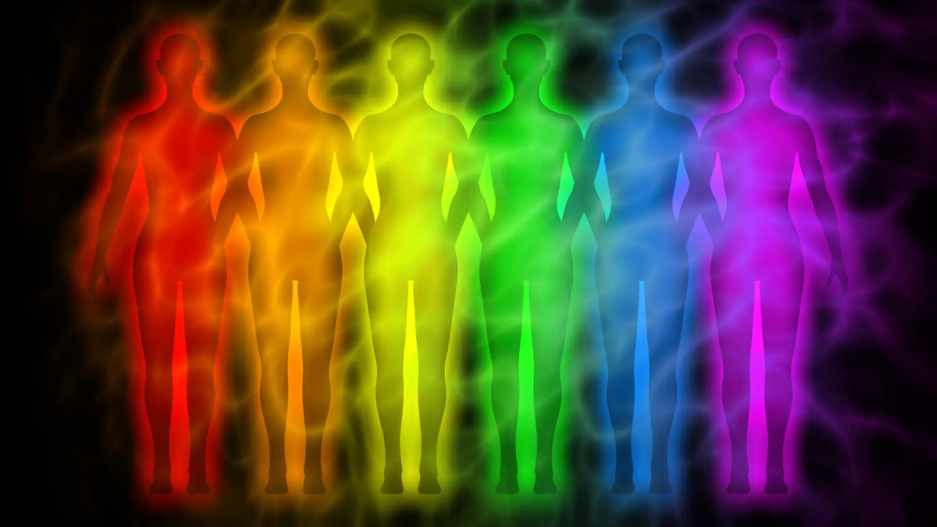 6 silhouettes of colorful subtle energy bodies, each representing different energy and chakra