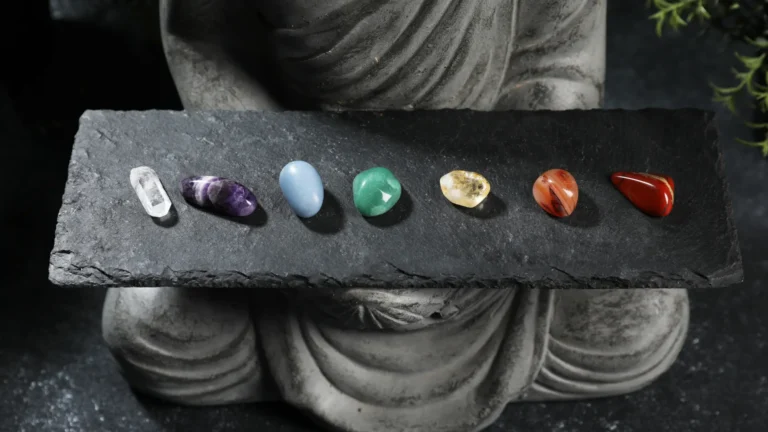 Buddha statue holding a board with 7 crystals, each representing a specific chakra from Muladhara to Sahasrara